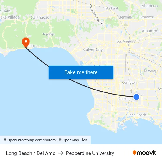 Long Beach / Del Amo to Pepperdine University map