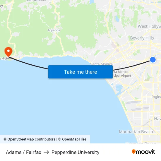 Adams / Fairfax to Pepperdine University map