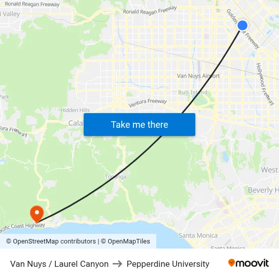 Van Nuys / Laurel Canyon to Pepperdine University map