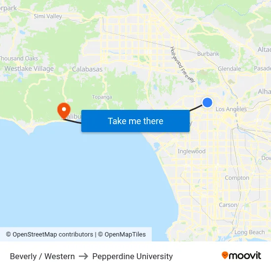 Beverly / Western to Pepperdine University map