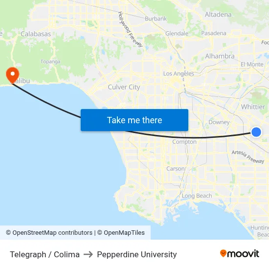 Telegraph / Colima to Pepperdine University map