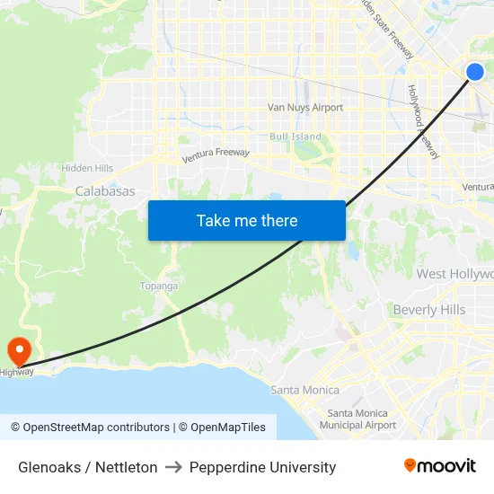 Glenoaks / Nettleton to Pepperdine University map