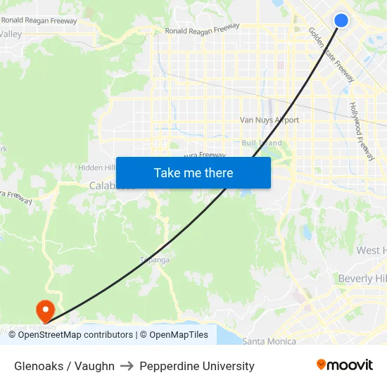 Glenoaks / Vaughn to Pepperdine University map
