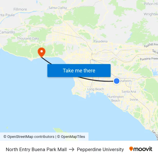 North Entry Buena Park Mall to Pepperdine University map