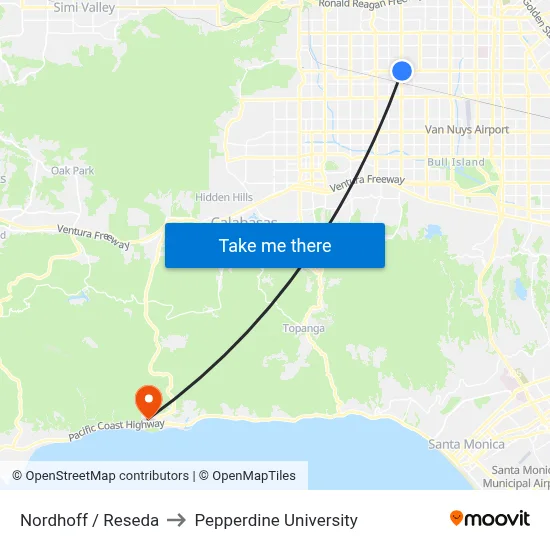 Nordhoff / Reseda to Pepperdine University map