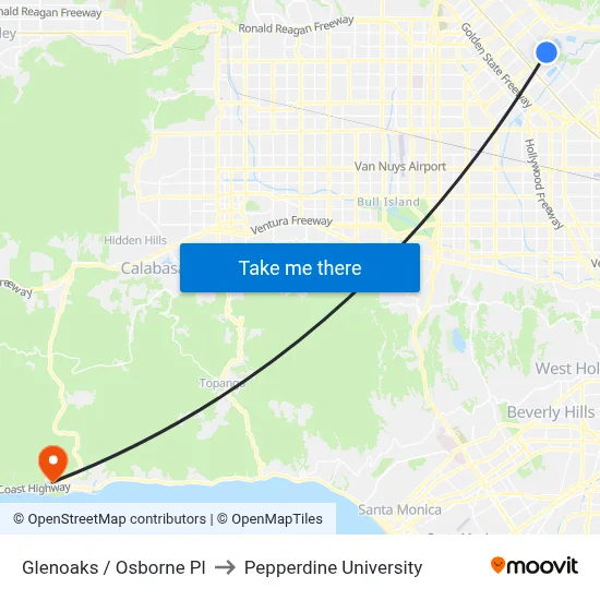 Glenoaks / Osborne Pl to Pepperdine University map