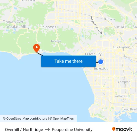 Overhill / Northridge to Pepperdine University map
