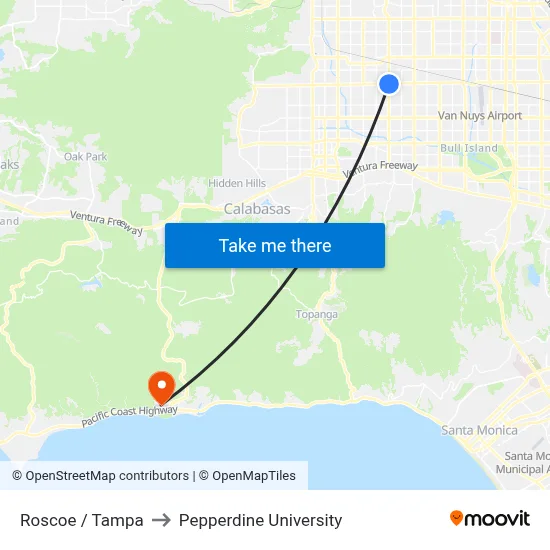 Roscoe / Tampa to Pepperdine University map