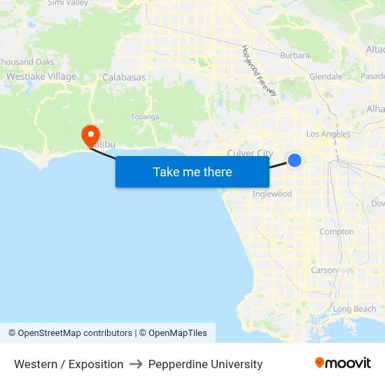 Western / Exposition to Pepperdine University map