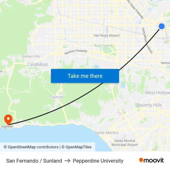 San Fernando / Sunland to Pepperdine University map