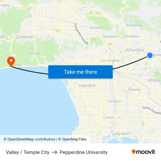 Valley / Temple City to Pepperdine University map