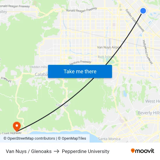 Van Nuys / Glenoaks to Pepperdine University map