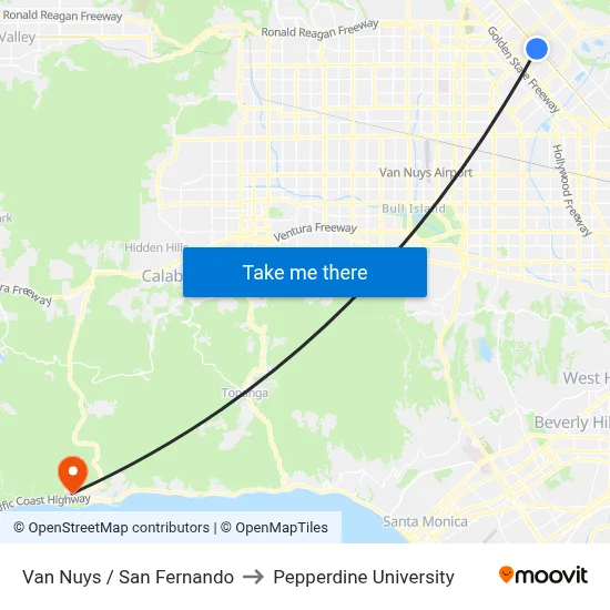 Van Nuys / San Fernando to Pepperdine University map