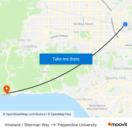 Vineland / Sherman Way to Pepperdine University map
