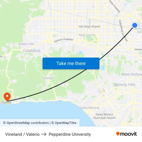 Vineland / Valerio to Pepperdine University map