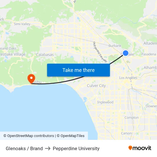 Glenoaks / Brand to Pepperdine University map