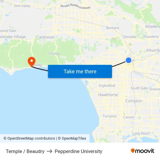 Temple / Beaudry to Pepperdine University map
