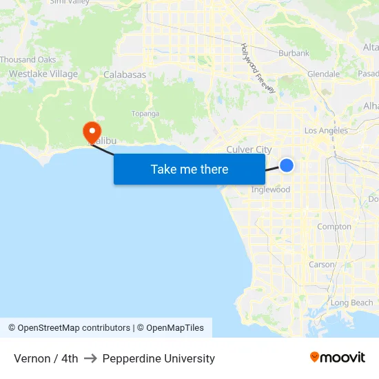Vernon / 4th to Pepperdine University map