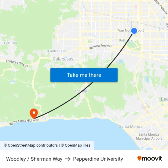 Woodley / Sherman Way to Pepperdine University map