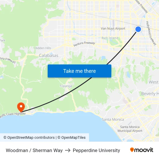 Woodman / Sherman Way to Pepperdine University map