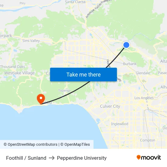 Foothill / Sunland to Pepperdine University map
