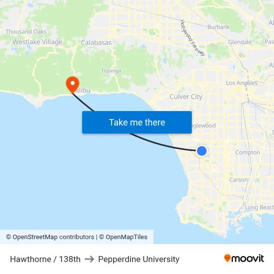 Hawthorne / 138th to Pepperdine University map