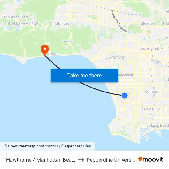 Hawthorne / Manhattan Beach to Pepperdine University map