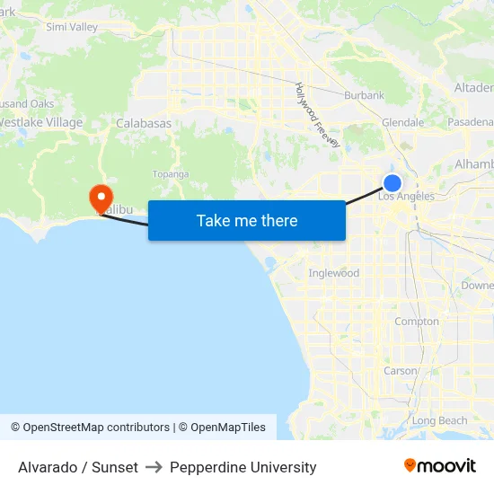 Alvarado / Sunset to Pepperdine University map