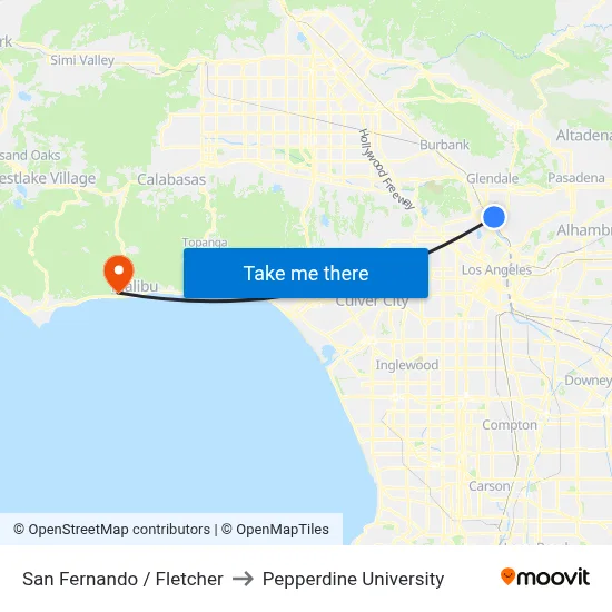 San Fernando / Fletcher to Pepperdine University map