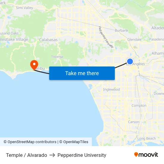 Temple / Alvarado to Pepperdine University map