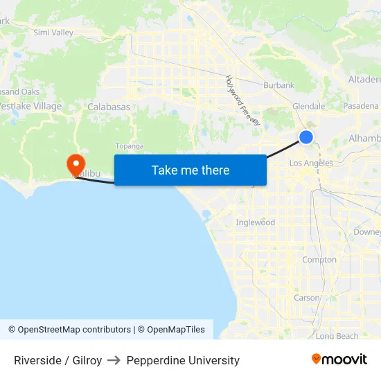 Riverside / Gilroy to Pepperdine University map