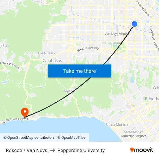 Roscoe / Van Nuys to Pepperdine University map