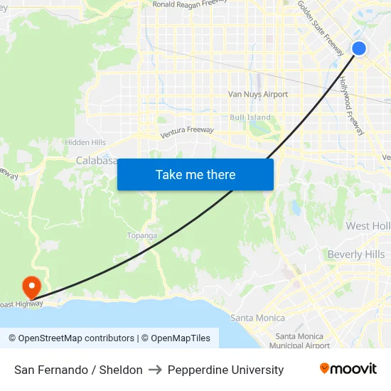 San Fernando / Sheldon to Pepperdine University map