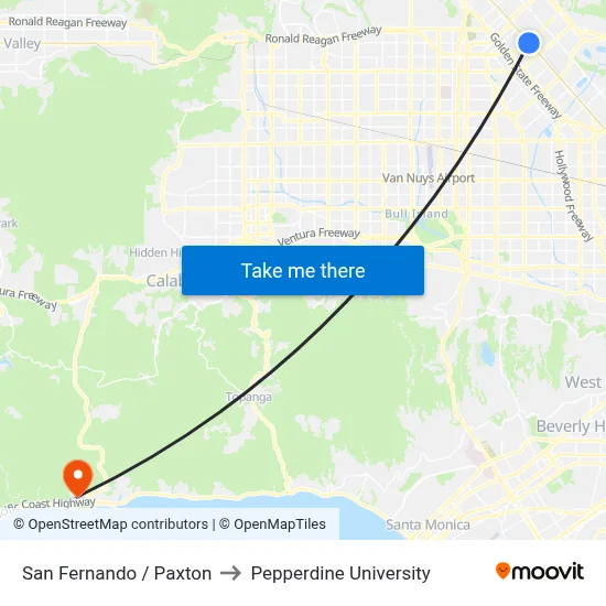 San Fernando / Paxton to Pepperdine University map