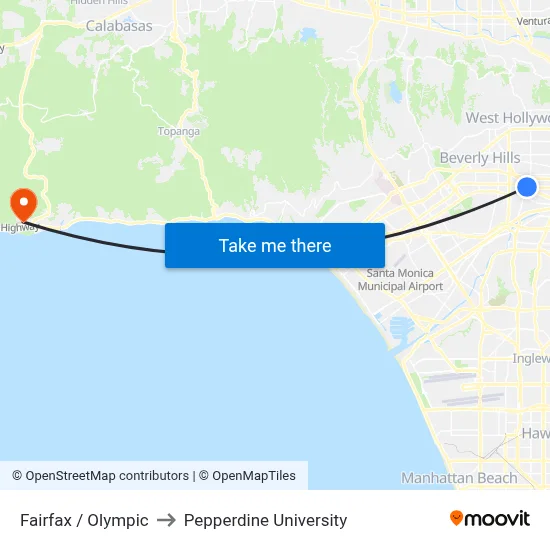 Fairfax / Olympic to Pepperdine University map