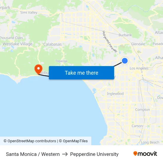 Santa Monica / Western to Pepperdine University map