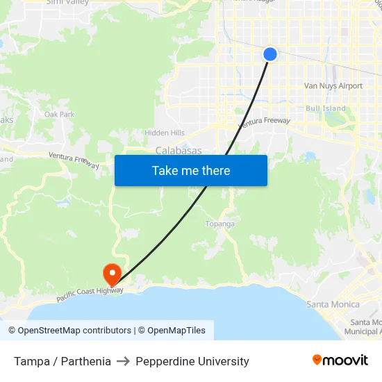 Tampa / Parthenia to Pepperdine University map