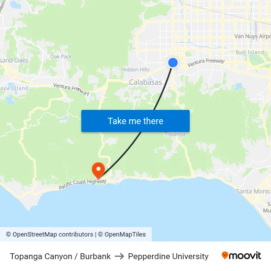 Topanga Canyon / Burbank to Pepperdine University map