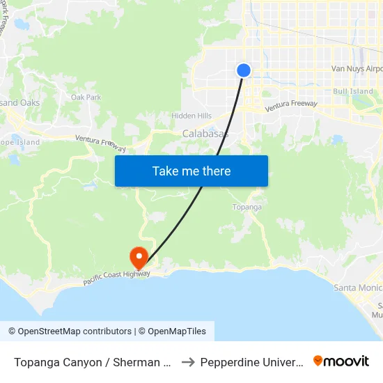 Topanga Canyon / Sherman Way to Pepperdine University map