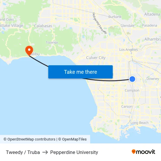 Tweedy / Truba to Pepperdine University map