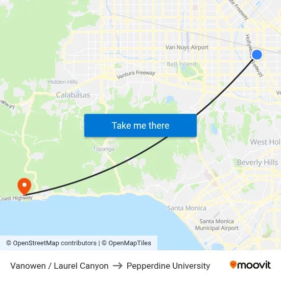 Vanowen / Laurel Canyon to Pepperdine University map