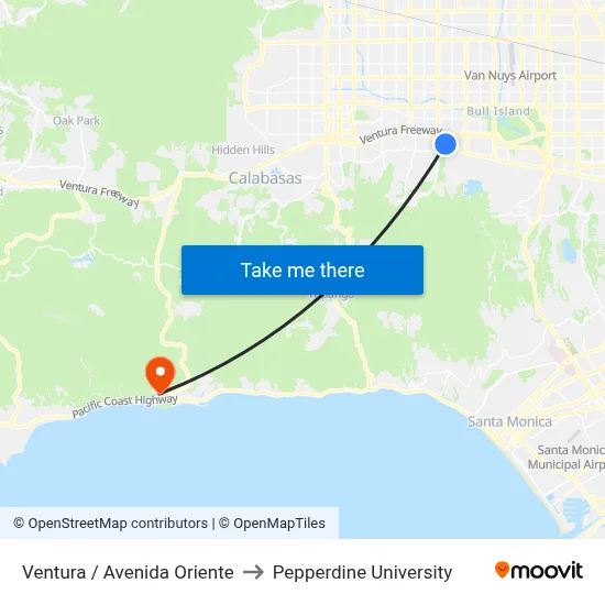 Ventura / Avenida Oriente to Pepperdine University map