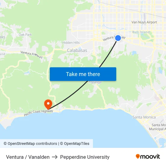 Ventura / Vanalden to Pepperdine University map