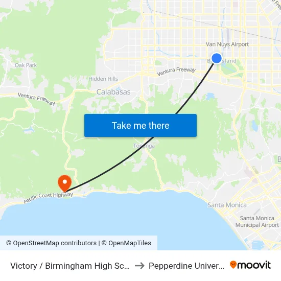 Victory / Birmingham High School to Pepperdine University map
