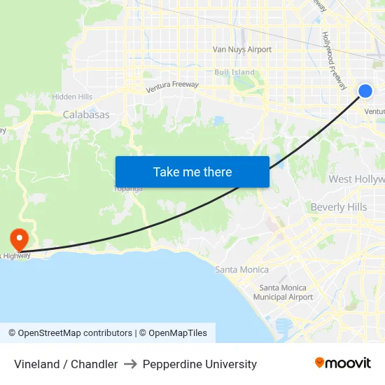 Vineland / Chandler to Pepperdine University map