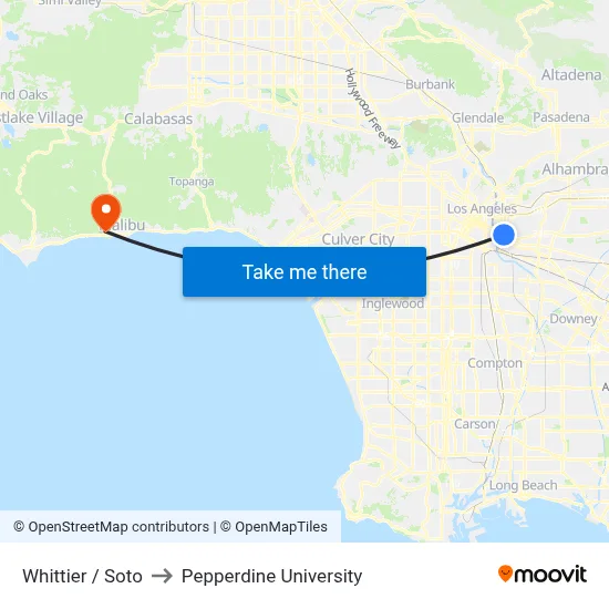 Whittier / Soto to Pepperdine University map