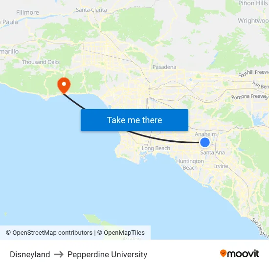Disneyland to Pepperdine University map