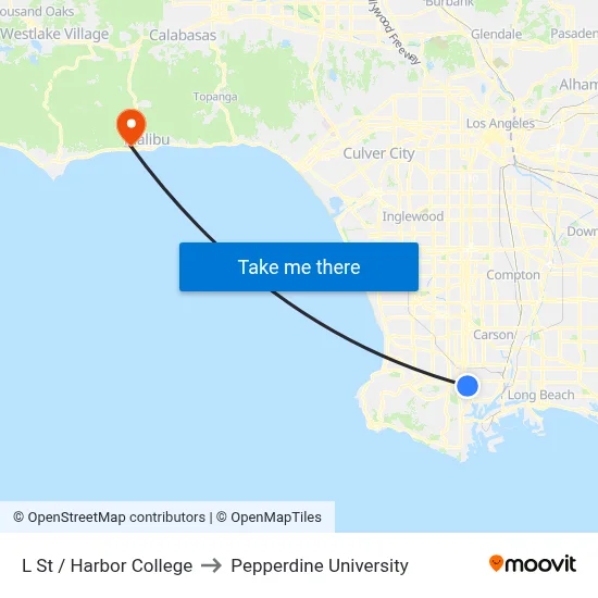 L St / Harbor College to Pepperdine University map