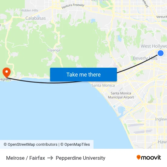 Melrose / Fairfax to Pepperdine University map