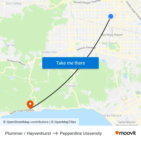 Plummer / Hayvenhurst to Pepperdine University map